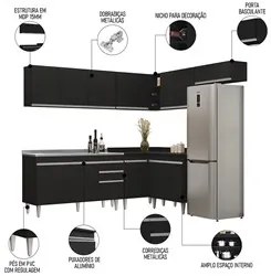 Armário de Cozinha Modulado de Canto 7 Peças CP24 com Pia Inox Preto -