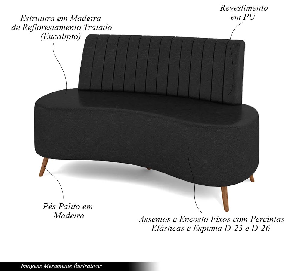 Sofá Living Decorativo 2 Lugares 1,60M Katara Preto Corino G33 - Gran Belo
