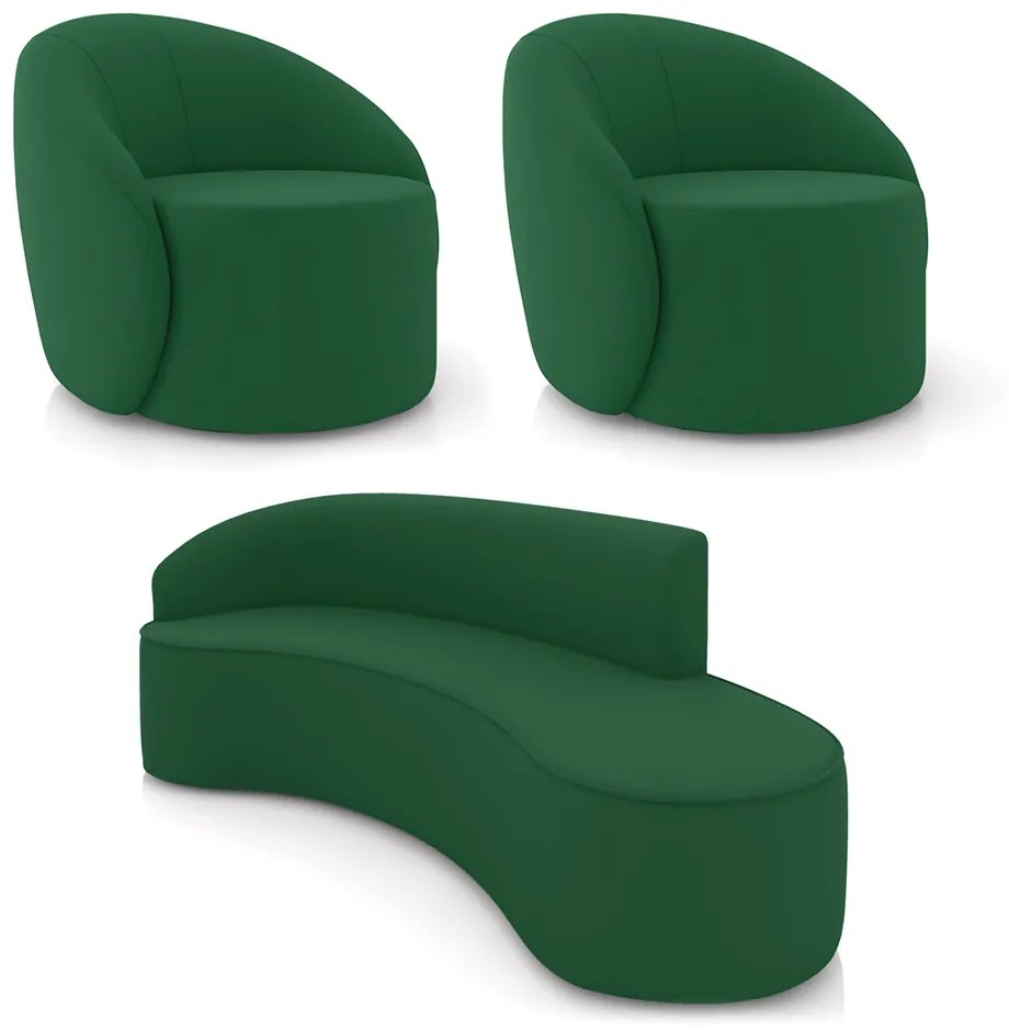 Sofá 4 Lugares Orgânico 220cm Morgan e 2 Poltronas Lua Veludo D03 - D'Rossi - Verde