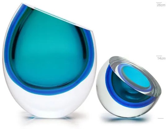 Conjunto com Vaso 96 MS e Centro Gota Diagonal Bicolor Verde com Água-marinha Murano Cristais Cadoro