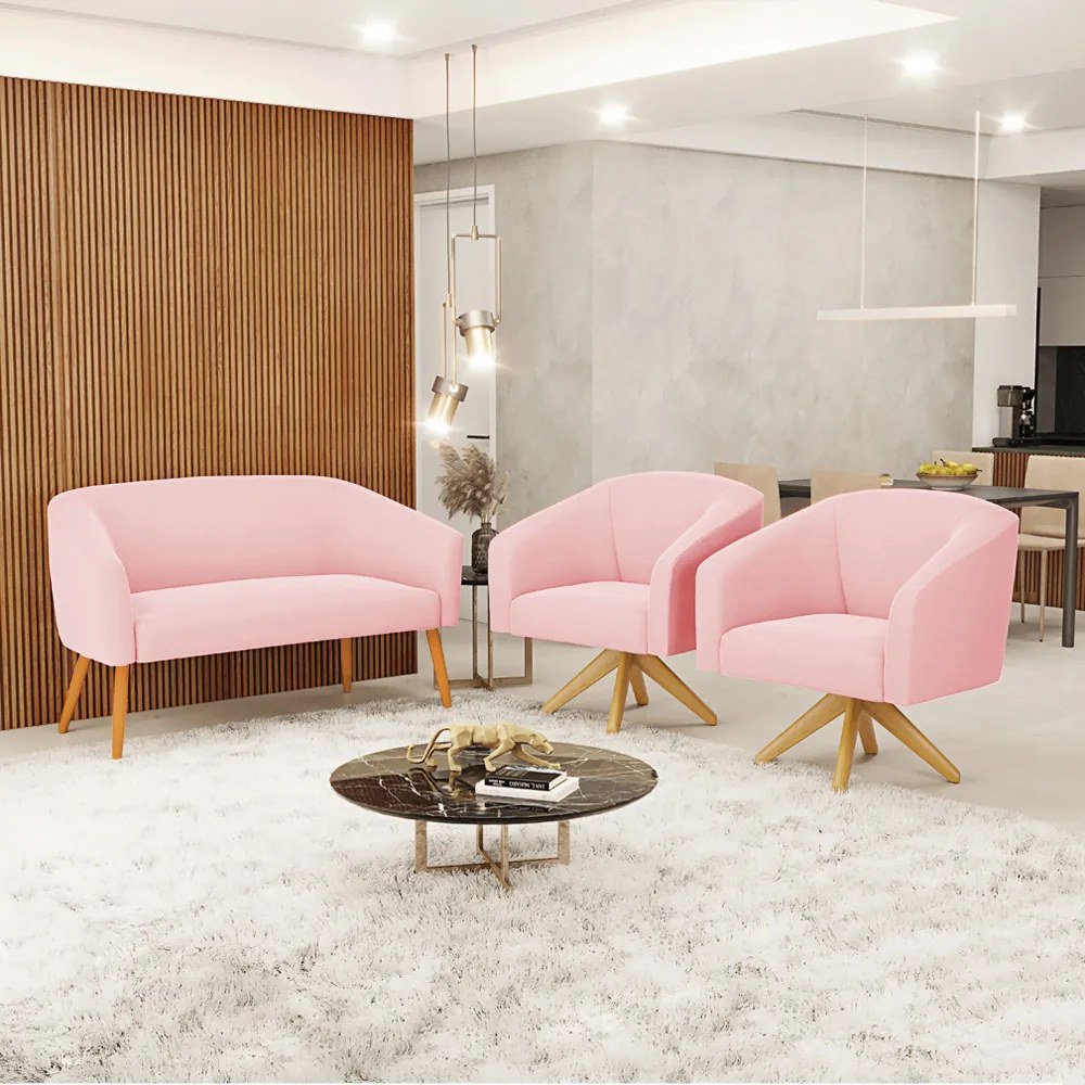 Sofá Namoradeira e Poltrona Giratória MA30 Stella Suede Rosa Bebê D03 - D'Rossi