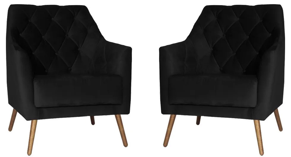 Kit 2 Poltronas Atena Decorativa Botonê Pés Palito Veludo Preto