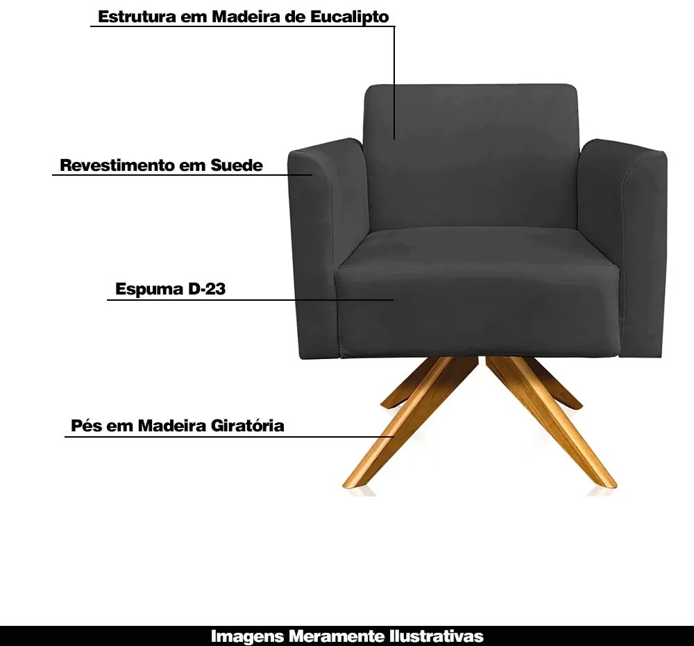 Kit 02 Poltronas Decorativas Isabella Base Giratória Madeira Suede Preto G19 - Gran Belo