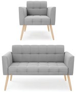 Kit 1 Sofá Namoradeira e 1 Poltrona Elisa Suede Pés Palito Natural - D'Rossi - Cinza