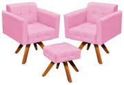 Kit 02 Poltronas Giratória Elisa e 01 Puff Suede Base Madeira MM30 D'Rossi - Rosa Bebê