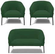 Sofá Namoradeira e 2 Poltronas Pé de Ferro Preto Stella Veludo D03 - D'Rossi - Verde