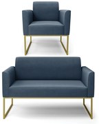 Sofá Namoradeira com Poltrona Base Industrial Dourado Marisa Suede Azul Marinho D03 - D'Rossi
