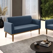 Sofá Namoradeira Base de Madeira Fixa Castanho Marisa Suede - Azul Marinho
