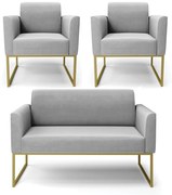 Sofá Namoradeira com 2 Poltronas Base Industrial Dourado Marisa Suede D03 - DRossi - Cinza