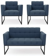 Kit 1 Sofá Namoradeira e 2 Poltronas Elisa Suede Base Metálica Industrial Preto D03 - D'Rossi - Azul Marinho