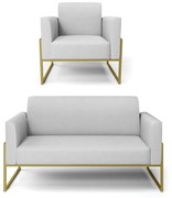 Sofá Namoradeira com Poltrona Base Industrial Alta Dourado Marisa Linho - A05 Cinza