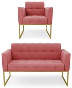 Kit 1 Sofá Namoradeira e 1 Poltrona Elisa Suede Base Metálica Industrial Dourado D03 - D'Rossi - Rose