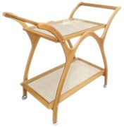 Carrinho de Bebidas Palhinha Indiana Acabamento Vidro Estrutura Madeira Eucalipto Pintura Mel com Rodízios Design Retrô