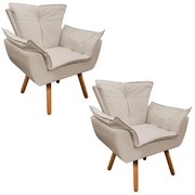 Poltrona Sala de Estar Pé Palito de Madeira Kit 2 Opala Corino - Bege
