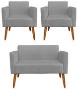 Conjunto Namoradeira e 2 Poltronas Decorativas Isabella Pés Palito Madeira Suede Grafite G19 - Gran Belo