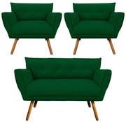 Kit 1 Namoradeira 2 Lugares E 2 Poltronas Anitta Suede Pés Palito Castanho D03 - D'Rossi - Verde