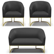 Namoradeira e 2 Poltronas Industrial Dourado Stella Sintético D03 - D'Rossi - Preto