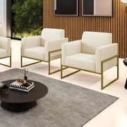 Kit 2 Poltronas Base Industrial Alta Dourado Marisa Linho Bege A19 D03 - D'Rossi