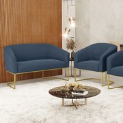 Sofá Namoradeira e Poltrona Industrial Dourado Stella Suede D03 - D'Rossi - Azul Marinho