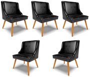Kit 5 Cadeiras Decorativas Sala de Jantar Pés Palito de Madeira Firenze PU Preto Brilho/Natural G19 - Gran Belo