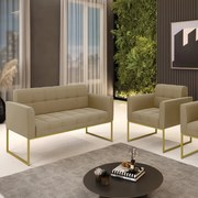 Kit 1 Sofá Namoradeira e 1 Poltrona Elisa Suede Base Metálica Industrial Dourado D03 - D'Rossi - Marrom Rato