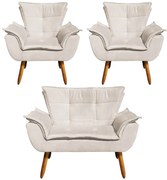 Conjunto 2 Poltronas e 1 Namoradeira Pés Palito Charger Suede Bege G19 - Gran Belo