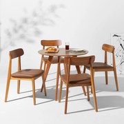 Conjunto Mesa de Jantar Square Redonda Bétula - 88cm + 4 Cadeiras Nord Encosto Madeira Assento PU - Cognac