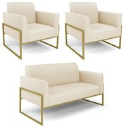 Sofá Namoradeira com 2 Poltronas Base Industrial Alta Dourado Marisa Corino - Bege