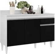 Balcão Gabinete 120cm Com Tampo 3 Portas 1 Gaveta Arizona Branco/Preto