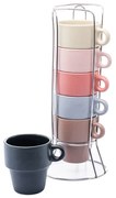Jogo 6 Xicaras Café Empilháveis De Cerâmica Com Suporte Coloridas 90ml 29369 Wolff