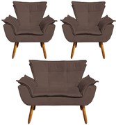 Conjunto 2 Poltronas e 1 Namoradeira Pés Palito Charger Suede Marrom G19 - Gran Belo