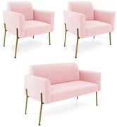 Sofá Namoradeira e 2 Poltronas Pé de Ferro Dourado Marisa Suede - Rosa Bebê