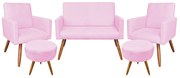 Kit 01 Namoradeira com 02 Poltronas e 02 Puffs Larissa Suede Pés Palito Castanho M11 - D'Rossi - Rosa Bebê