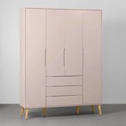 Guarda-Roupa Elfe 4 Portas e 3 Gavetas com Pés Retrô Natural - Rosa Fosco