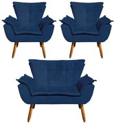 Namoradeira e 2 Poltronas Pé Palito Castanho Opala Suede - Azul Marinho