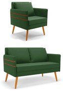 Kit 01 Namoradeira 02 Lugares e 01 Poltrona Mari Suede Pés Palito Castanho - D'Rossi - Verde