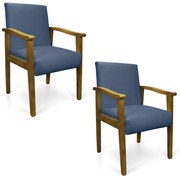 Kit 2 Poltronas Eloisa Suede Base de Madeira Castanho - Azul Marinho