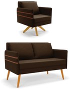 Kit 01 Namoradeira 02 Lugares e 01 Poltrona Mari Suede Base de Madeira MA30 D03 - D'Rossi - Marrom