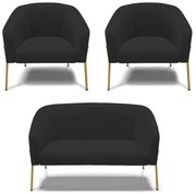 Namoradeira e 2 Poltronas Pé de Ferro Dourado Stella Veludo D03 - D'Rossi  - Preto