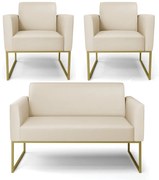 Sofá Namoradeira com 2 Poltronas Base Industrial Dourado Marisa Corino D03 - D'Rossi - Bege