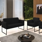 Sofá Namoradeira com Poltrona Base Industrial Preto Marisa Linho - A79 Preto