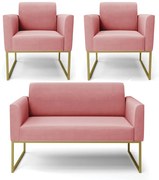 Sofá Namoradeira com 2 Poltronas Base Industrial Dourado Marisa Suede - Rose