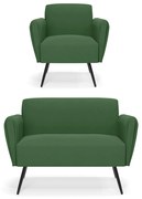 Sofá Namoradeira com Poltrona Pés Palito de Ferro Bruna Suede D01 - D'Rossi - Verde