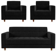 Kit 01 Sofá 3 Lugares e 02 Poltronas Arezzo Linho Pés Chanfrado Castanho D01 - D'Rossi - A79 Preto