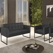Sofá Namoradeira e 1 Poltrona Base Industrial Preto Ana Sintético Pret