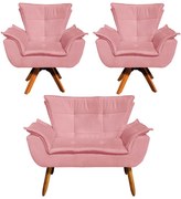 Sofá Namoradeira e 2 Poltronas Giratória MM30 Opala Suede - Rose