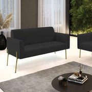 Sofá Namoradeira 2 Lugares Pé de Ferro Dourado Marisa Veludo Preto