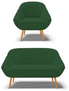 Kit 01 Namoradeira 02 Lugares e 01 Poltrona Giovana Veludo Verde Pés Palito Castanho - D'Rossi