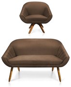 Kit 01 Namoradeira 02 Lugares e 01 Poltrona Giratória Giovana Suede Base Madeira MM30 - D'Rossi - Marrom