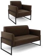 Sofá Namoradeira com Poltrona Base Industrial Alta Preto Marisa Suede - Marrom